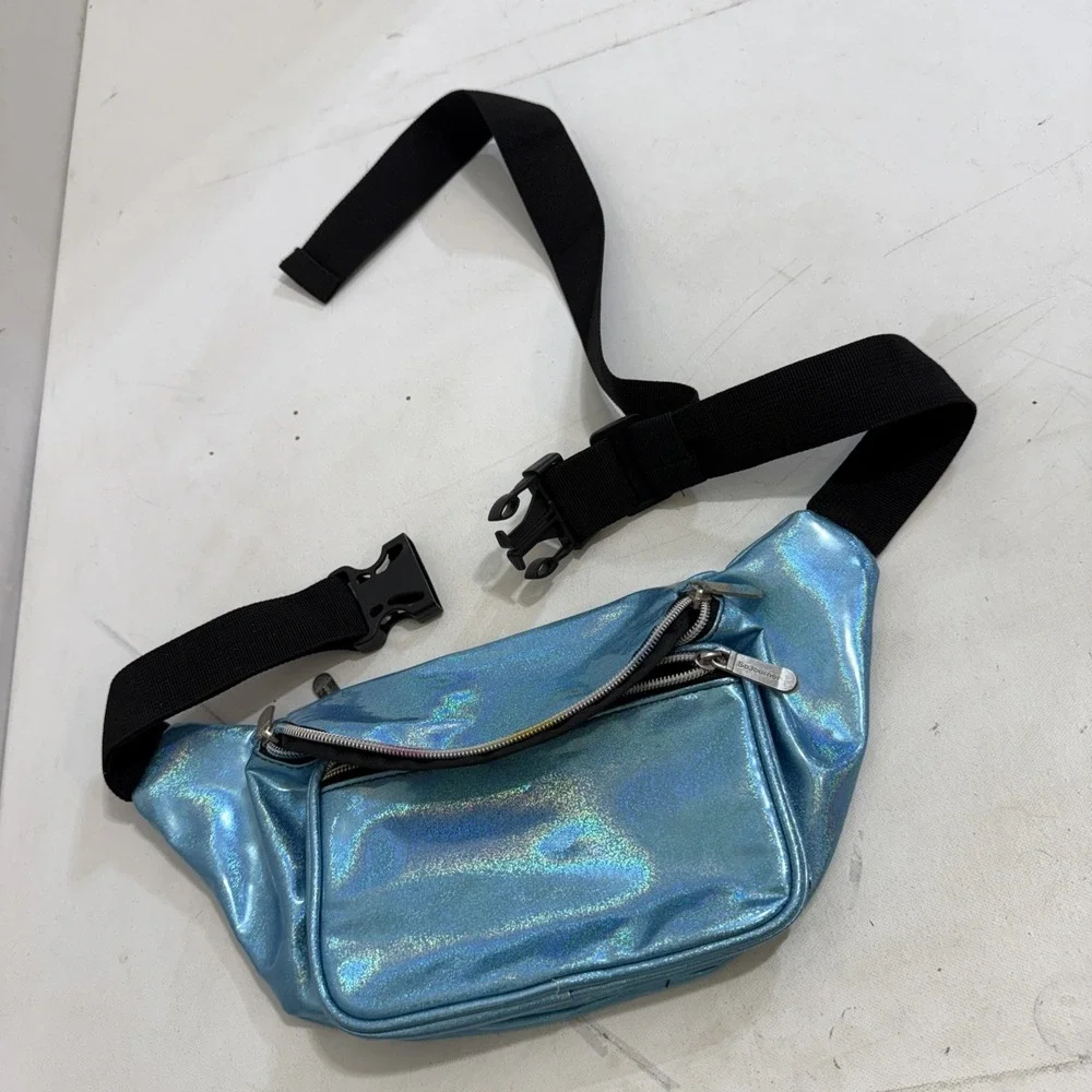 SoJourner Holographic Fanny Pack Belt Bag Blue Purse 90's Metallic Zip Pockets